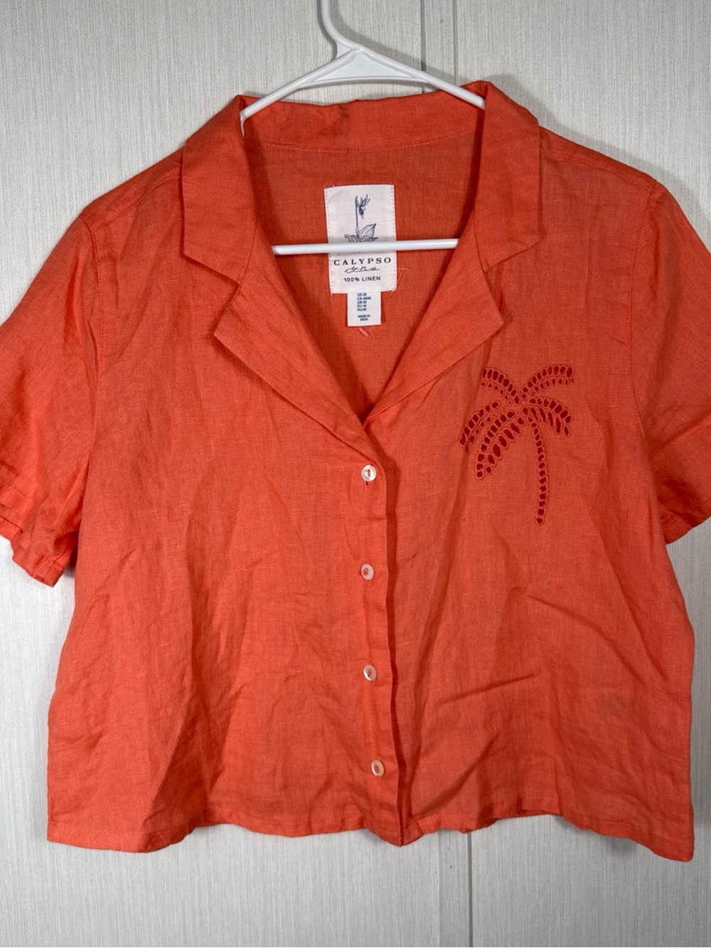Calypso St. Barth M Coral Crop Linen Palm Tree Eyelet Embroidered Button Front